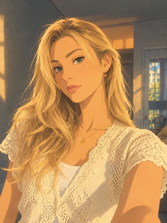 金髪女性の写真を温かい手描きアニメ風に変換したポートレート