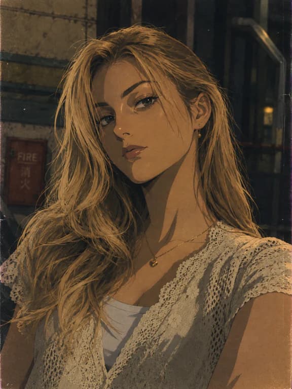 金髪女性の写真を90年代アニメ映画風に変換したポートレート