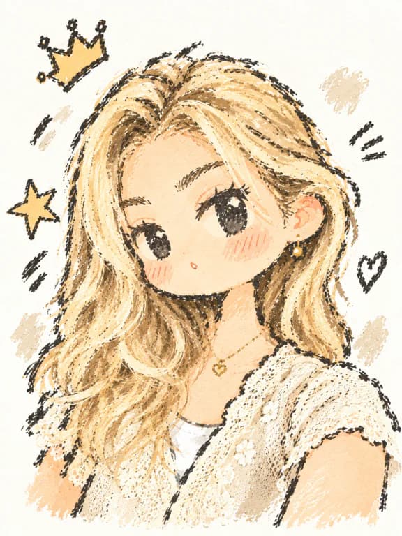 金髪女性を王冠と星のあるちびキャラクター風に変換した画像