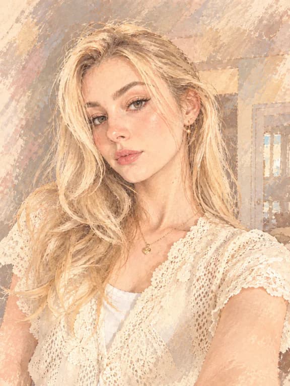 金髪女性の写真を柔らかな手描きアニメ風に変換したポートレート