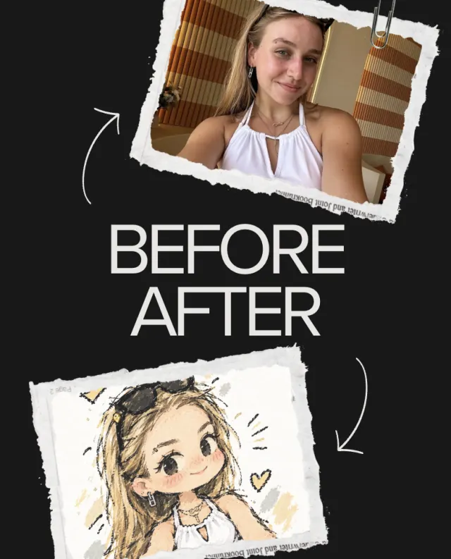 自撮り写真と手描きアニメ風ポートレートの写真アニメ化ビフォーアフター