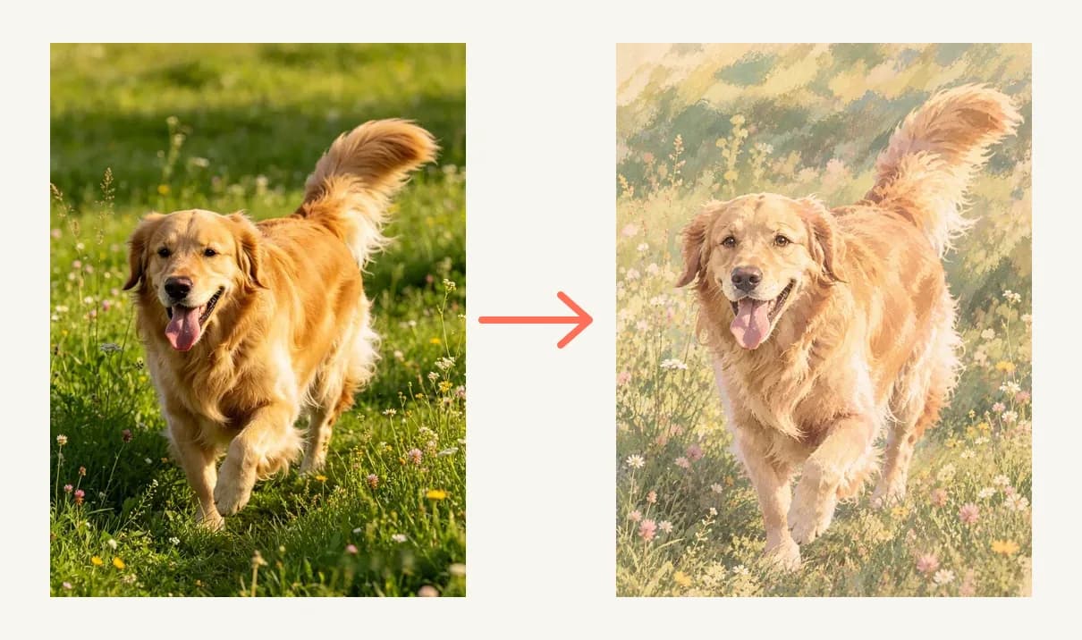 犬の写真を手描きアニメ風ポートレートに変換したビフォーアフター