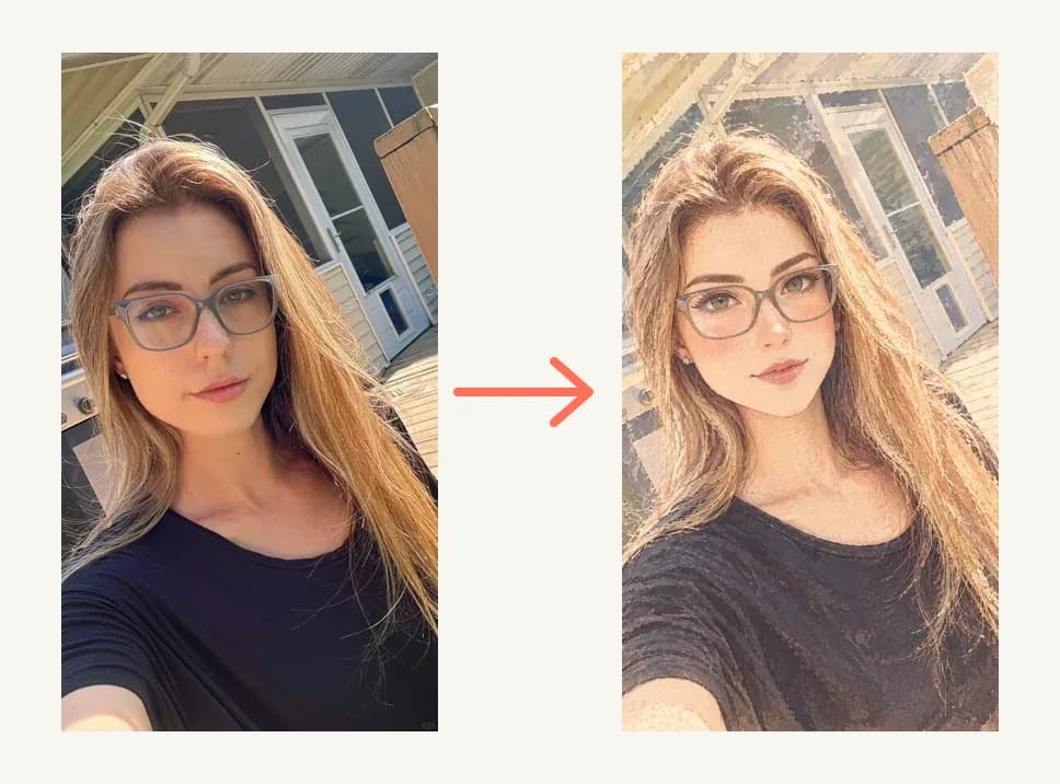 眼鏡をかけた女性の写真を手描きアニメ風イラストに変換したビフォーアフター