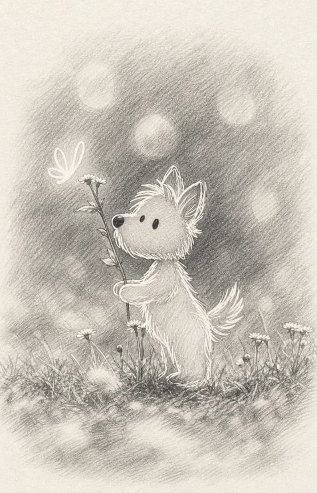 AI pencil drawing of a small dog holding a flower in a meadow