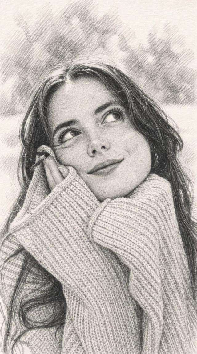 Image to Sketch AI result showing a detailed pencil portrait of a woman in a sweater